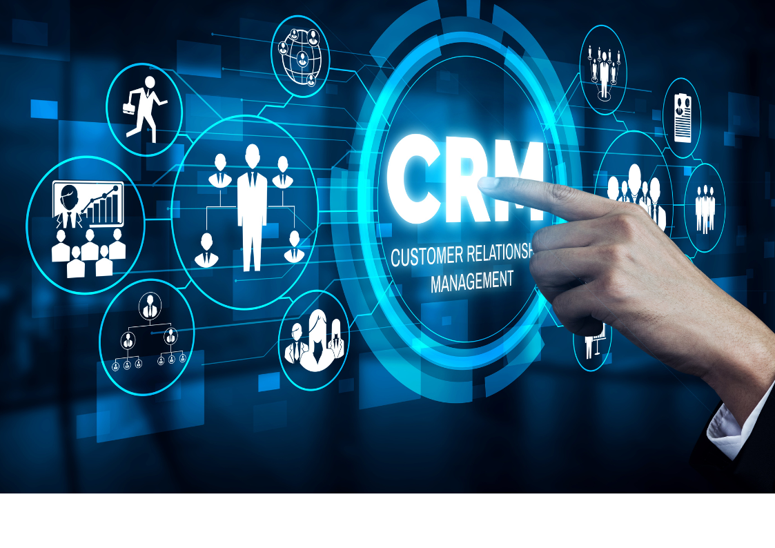 Digital CRM interface with a hand pointing at illuminated Customer Relationship Management hub connected to various business analytics icons showing sales data, customer profiles, and team management in a blue technological environment