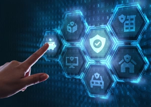 Business intelligence dashboard for insurance with interactive hexagonal data visualization icons showing analytics categories for risk assessment, claims processing, fraud detection, and customer data security