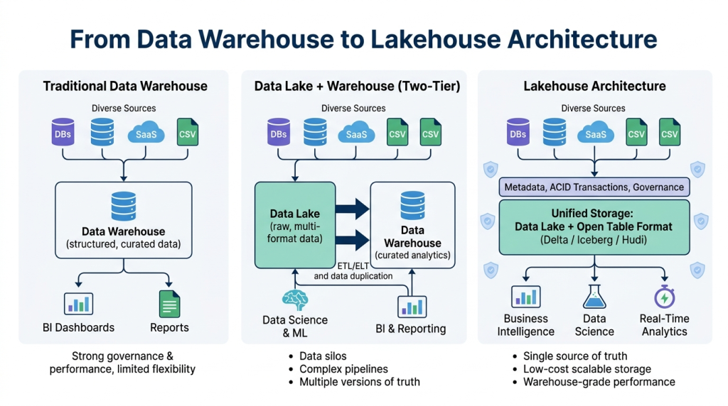 A professional 16:9 infographic comparing three stages of data evolution: Traditional Data Warehouse, Two-Tier Data Lake + Warehouse, and Lakehouse Architecture. The diagram illustrates the transition from siloed, structured data to a unified Lakehouse model using Open Table Formats (Delta, Iceberg, Hudi). Key features highlighted include ACID transactions, metadata governance, and a single source of truth supporting Business Intelligence, Data Science, and Real-Time Analytics on a white background with blue and green flat-style icons.