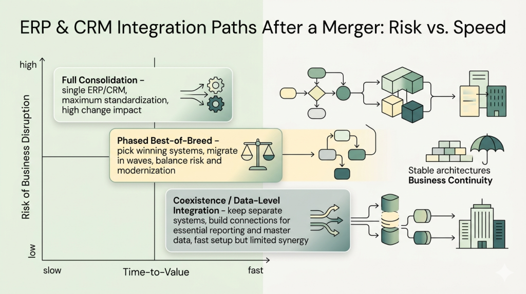 Infographic titled 'ERP & CRM Integration Paths After a Merger: Risk vs. Speed' featuring a 2x2 matrix. The chart compares three IT strategies—Full Consolidation, Phased Best-of-Breed, and Coexistence—based on Risk of Business Disruption and Time-to-Value.