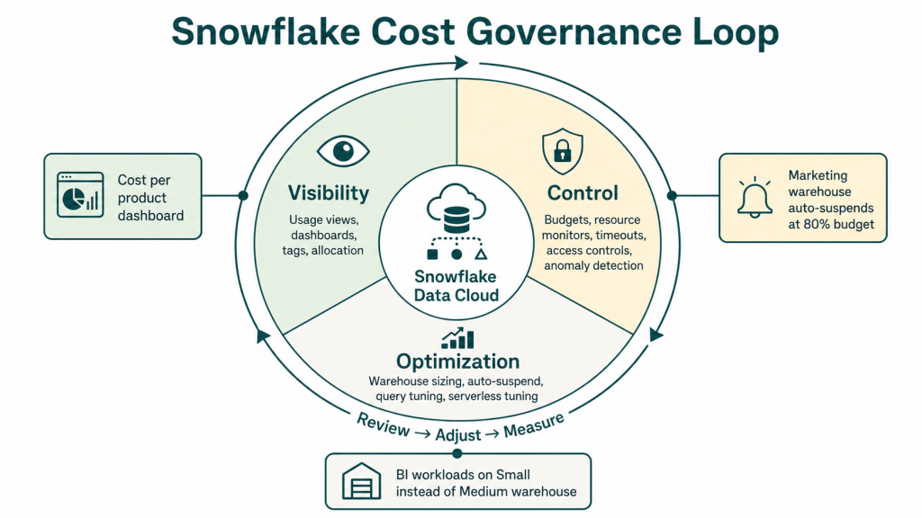 Snowflake cost governance infographic showing visibility, control, and optimization for managing cloud data platform costs