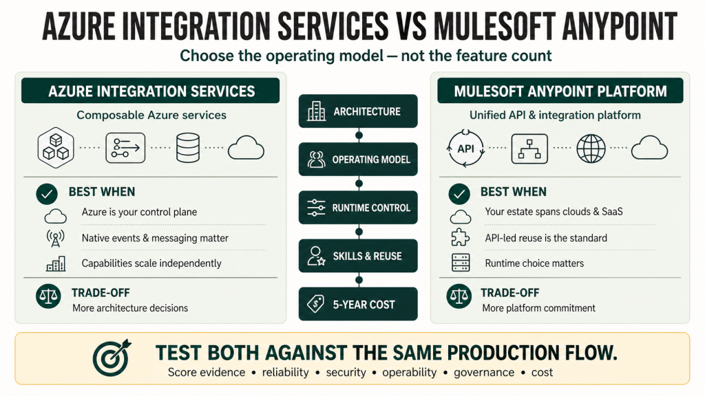 Azure Integration Services vs MuleSoft Anypoint Platform comparison infographic showing their ideal enterprise use cases, architectural trade-offs, and five selection criteria: architecture, operating model, runtime control, skills and reuse, and five-year cost.