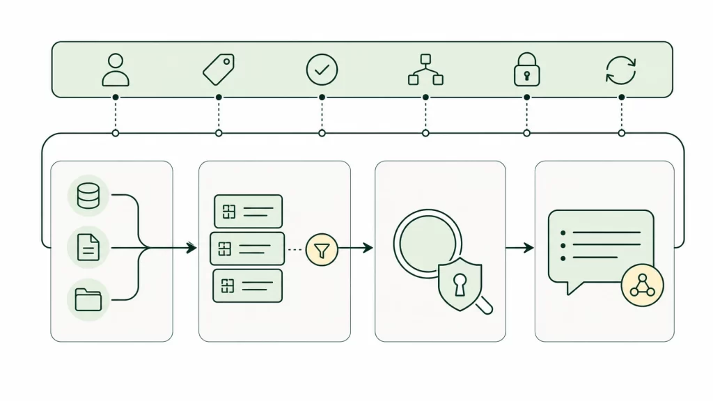 Enterprise data sources move through preparation and governed retrieval to an AI answer, with ownership, classification, quality, lineage, access, and refresh controls applied across every step.