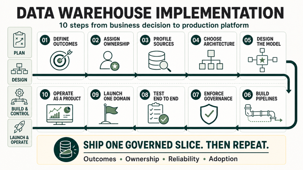 Data warehouse implementation roadmap showing 10 steps from defining business outcomes and assigning ownership through source profiling, architecture, data modeling, pipeline development, governance, testing, phased launch, and continuous platform operation.