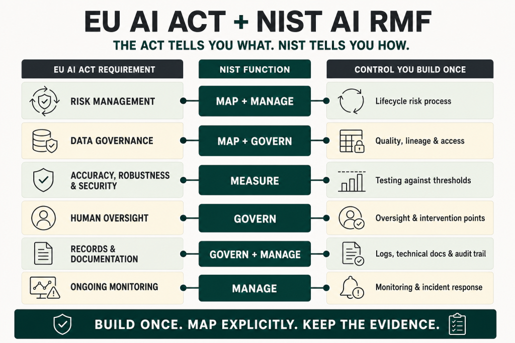 EU AI Act and NIST AI RMF control mapping: risk management maps to Map and Manage, data governance to Map and Govern, system testing to Measure, human oversight to Govern, and documentation and monitoring to Govern and Manage.