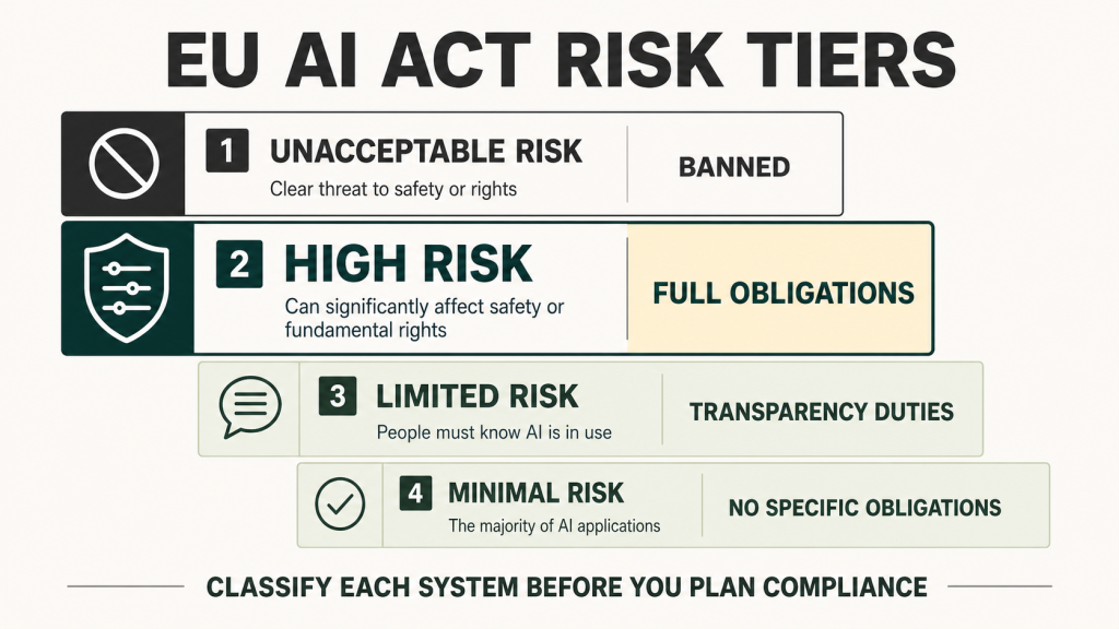 EU AI Act risk tiers from unacceptable to minimal risk: banned systems that threaten safety or rights, high-risk AI subject to full obligations, limited-risk applications with transparency duties, and minimal-risk AI with no specific obligations.