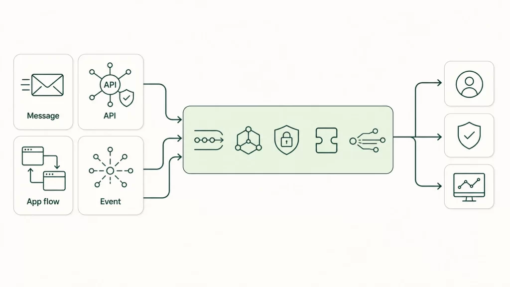 Diagram showing message, API, application flow, and event pathways connecting to a shared integration layer, with ownership, security, and monitoring functions.