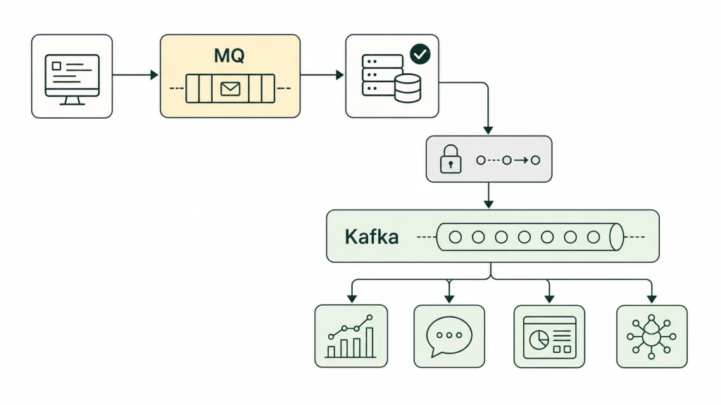 An application sends a message through MQ to a core system, where a confirmed transaction passes through a controlled bridge into Kafka. The Kafka event stream then feeds analytics, customer notifications, operations, and AI or data consumers.