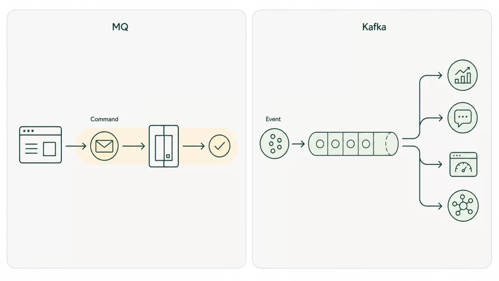 Side-by-side comparison of IBM MQ and Kafka: a command moves from one application to one core system with confirmation on the MQ side; a Kafka event enters a durable stream and fans out to analytics, notifications, operations, and AI or data consumers.