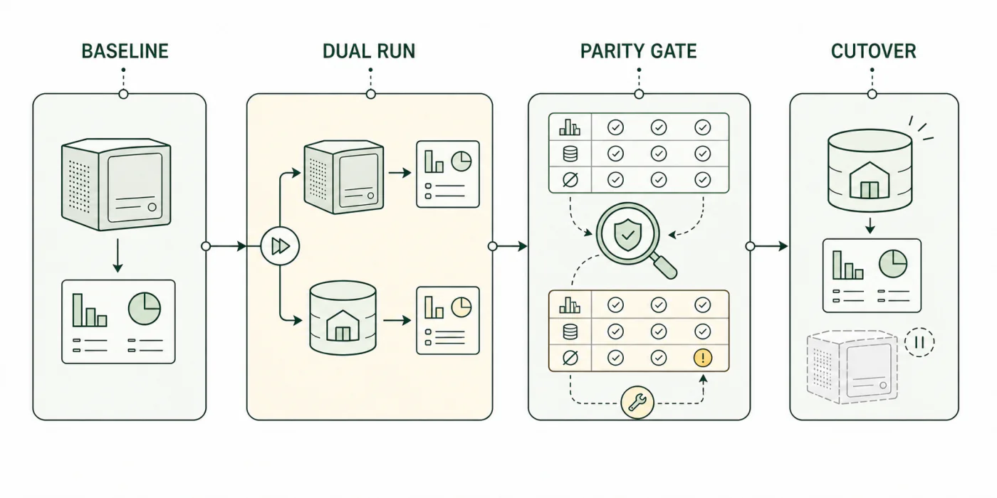 Parity-first Netezza migration sequence from baseline through dual run to cutover