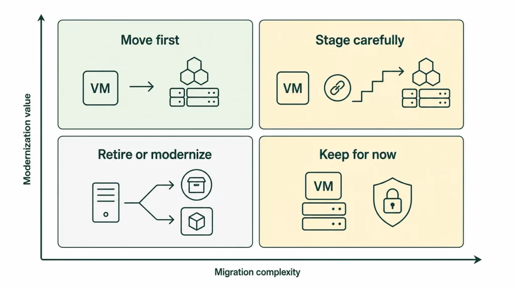 Workload decision map comparing modernization value and migration complexity, with four paths: move first, stage carefully, retire or modernize, and keep for now.
