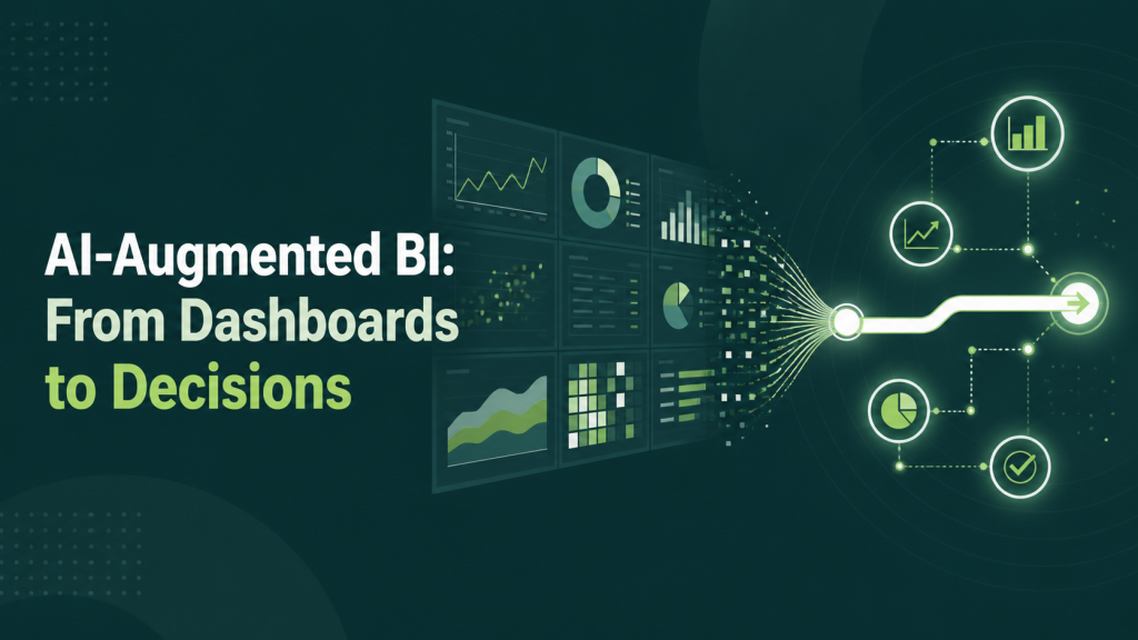Abstract AI business intelligence graphic showing dashboards transforming into a decision path for AI-augmented BI.