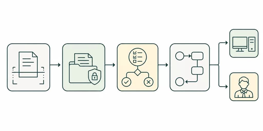 Illustration of an insurance claim moving from documents and images through automated reading and checking, then splitting into a routine claim path and a human-review exception path.
