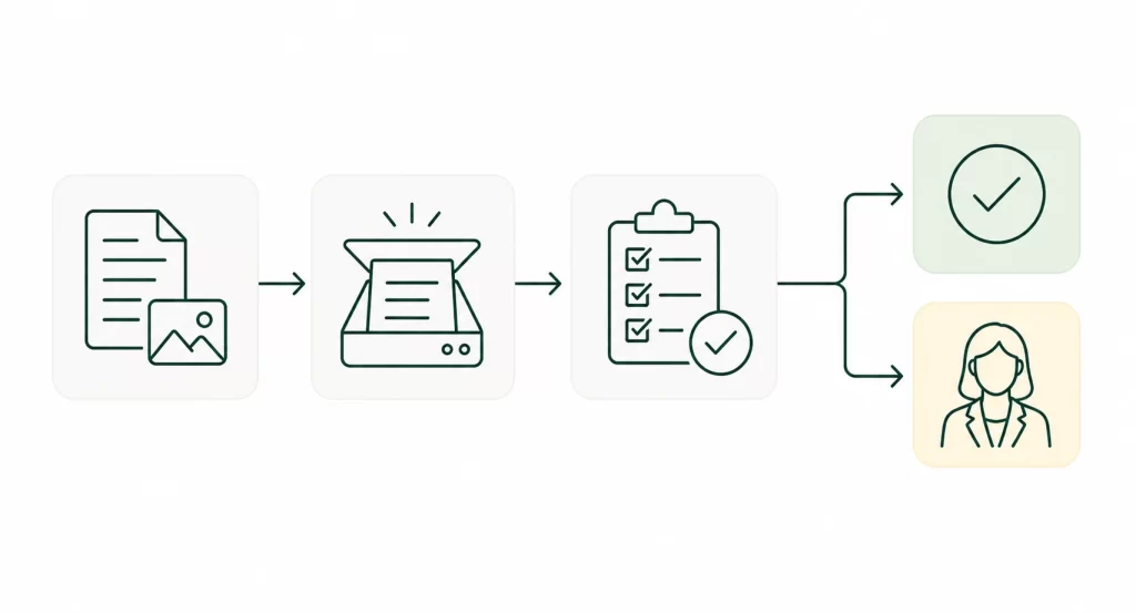 Illustration of document capture, secure content storage, rules-based decisions and workflow routing connecting to a claims system and claims handler.