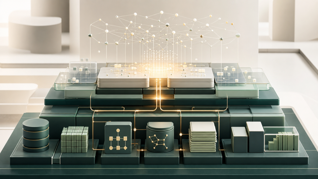 Abstract enterprise data infrastructure with connected databases, governed data pipelines and content repositories forming a trusted foundation for an artificial intelligence platform.