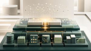 Abstract enterprise data infrastructure with connected databases, governed data pipelines and content repositories forming a trusted foundation for an artificial intelligence platform.