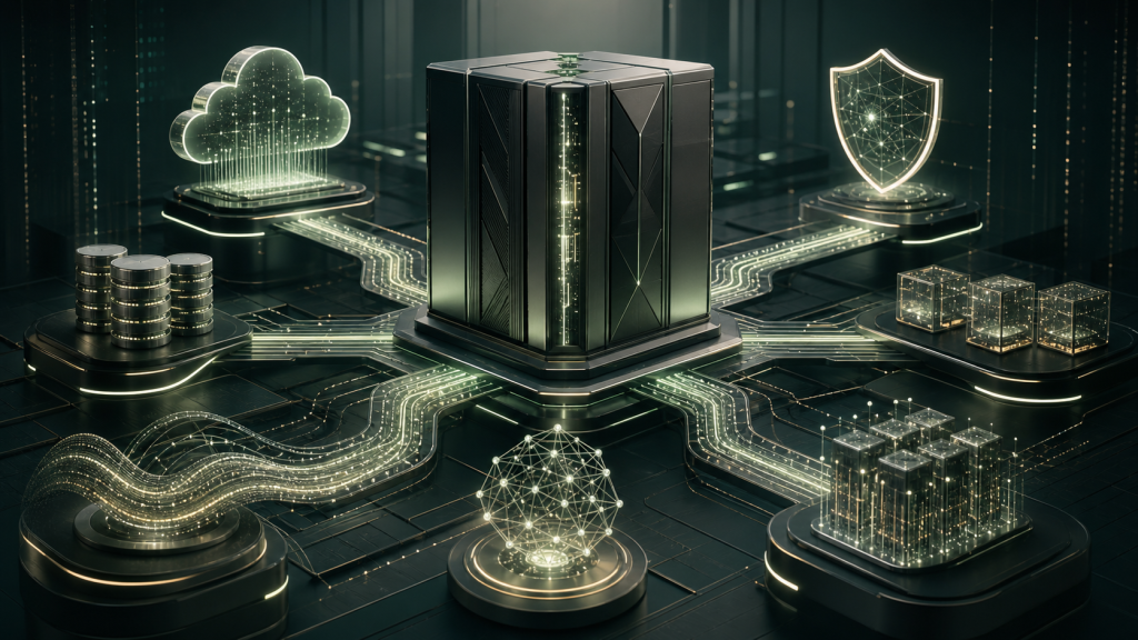 Mainframe modernization architecture connecting core systems to cloud, data, AI, and cybersecurity services
