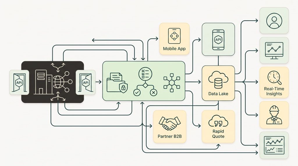 A diagram showing enterprise core system modernization with API gateways connecting central data governance to applications, data lakes, and business endpoints.