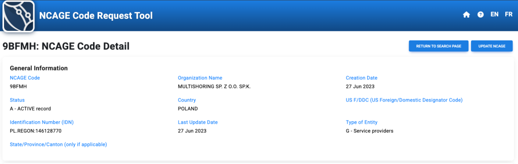 Multishoring's NATO registration: NCAGE code 9BFMH