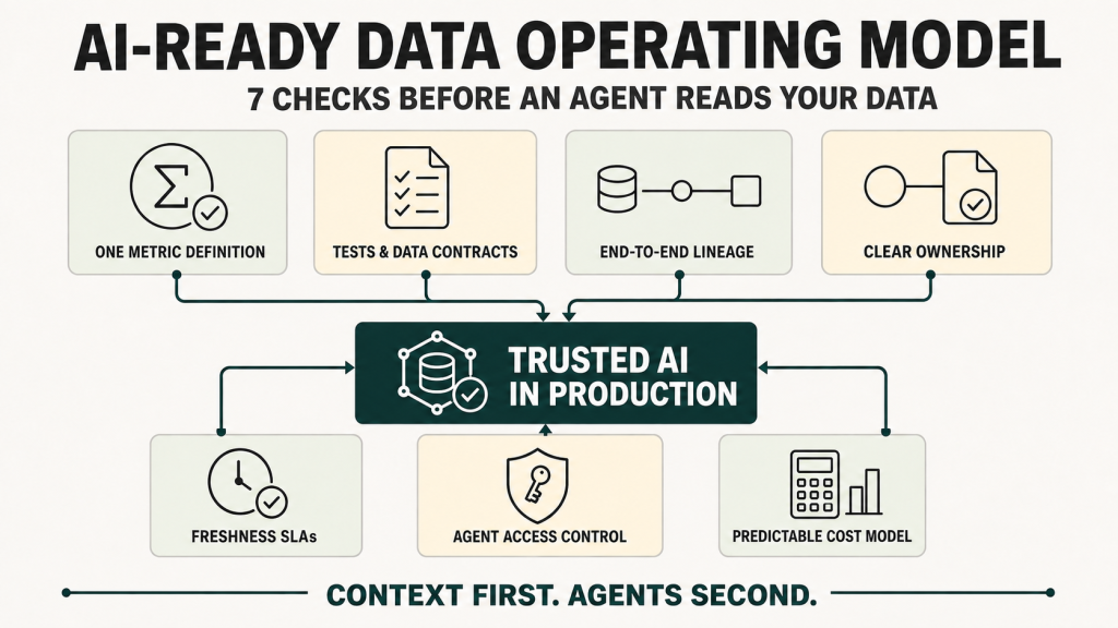 AI-ready data operating model with seven controls: shared metric definitions, tests and data contracts, end-to-end lineage, clear ownership, freshness SLAs, agent access control and a predictable cost model.