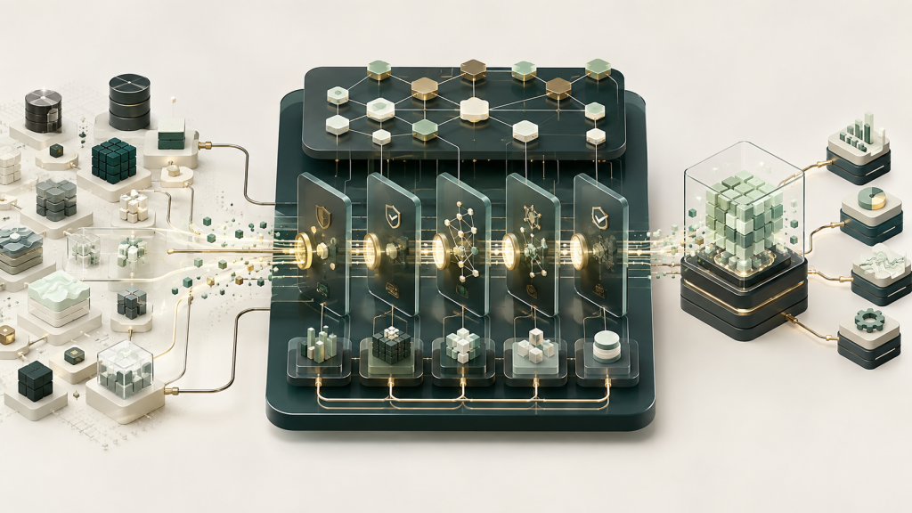 Abstract analytics engineering control plane testing, transforming and governing data between distributed enterprise sources and a production AI system.