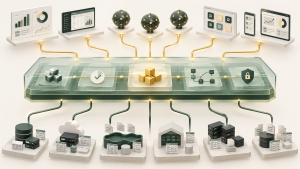Conceptual semantic layer for AI infrastructure connecting enterprise data platforms to consistent business metrics used by BI tools, applications and AI agents, with validation, lineage and access controls.
