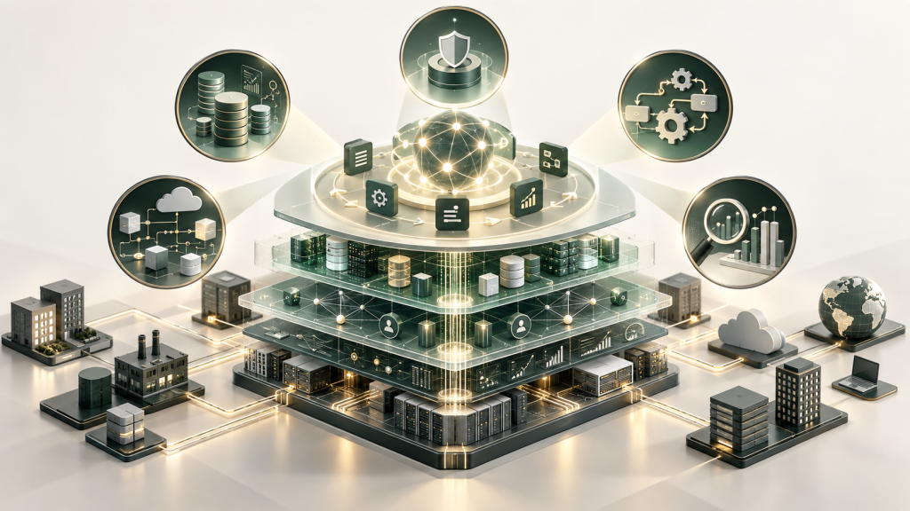 Conceptual enterprise AI architecture for Dreamforce 2026, with five assessment lenses examining governed data, API integration, security, automation and operating performance beneath the agent layer.