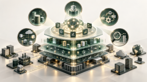 Conceptual enterprise AI architecture for Dreamforce 2026, with five assessment lenses examining governed data, API integration, security, automation and operating performance beneath the agent layer.