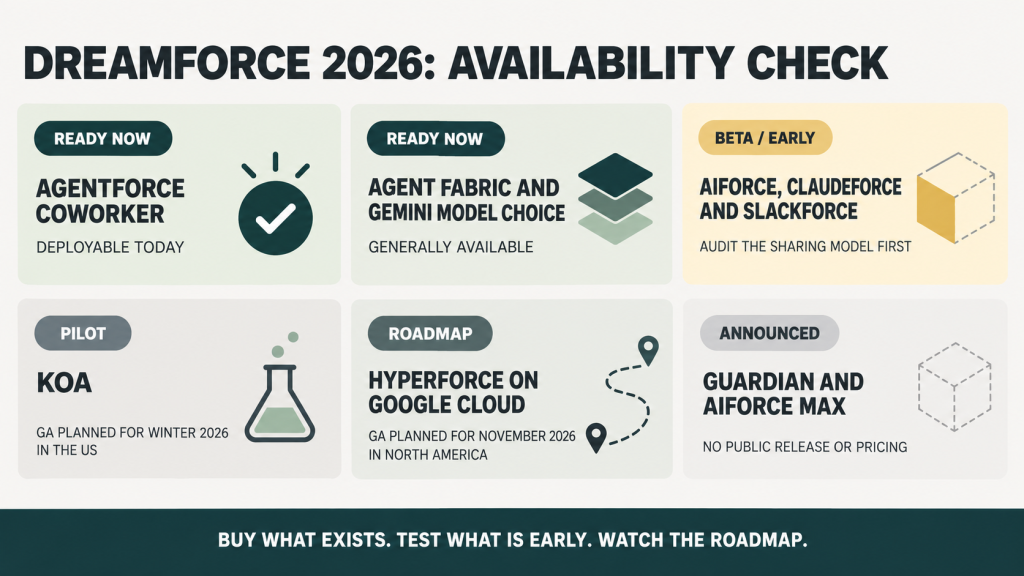 Dreamforce 2026 announcement availability chart comparing Agentforce Coworker, Agent Fabric and Gemini available now with AIforce in beta, Koa in pilot, Hyperforce on Google Cloud on the roadmap and Guardian without a public release date.