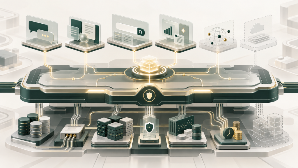 Conceptual Dreamforce 2026 recap illustration showing AI interfaces connected to a governed enterprise backplane supported by data, API integration, identity, observability and cost-control layers.