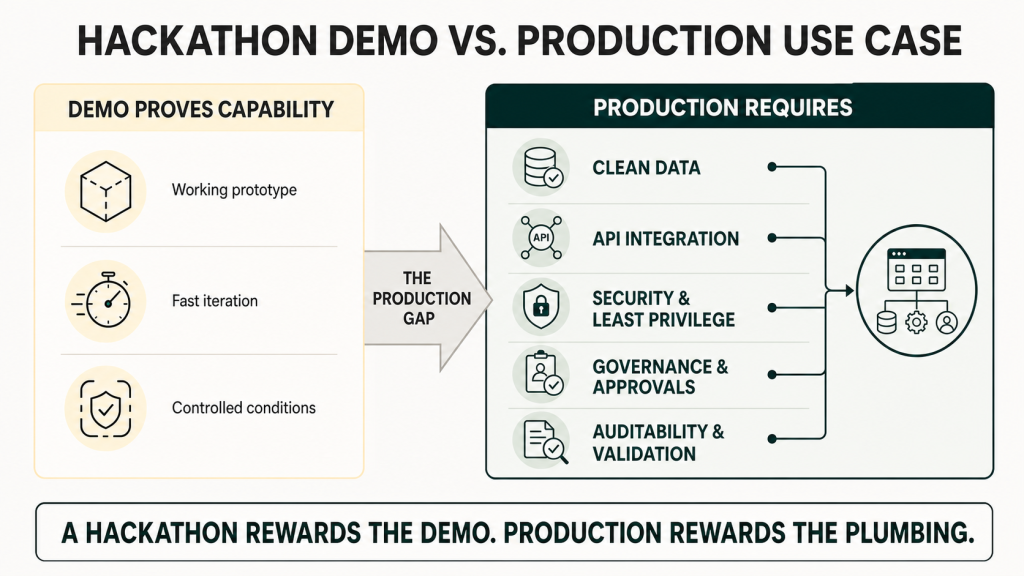 Hackathon demo versus production AI use case: a demo proves a working prototype under controlled conditions, while production requires clean data, API integration, least-privilege security, governance, approvals, auditability and validation.