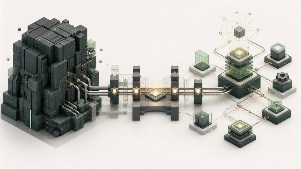 Abstract legacy mainframe architecture connected through security gates and API integrations to a modular agentic AI production system, illustrating enterprise modernization discussed at IBM Dev Day and Hackathon 2026.