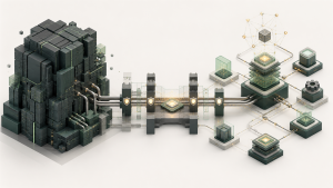Abstract legacy mainframe architecture connected through security gates and API integrations to a modular agentic AI production system, illustrating enterprise modernization discussed at IBM Dev Day and Hackathon 2026.