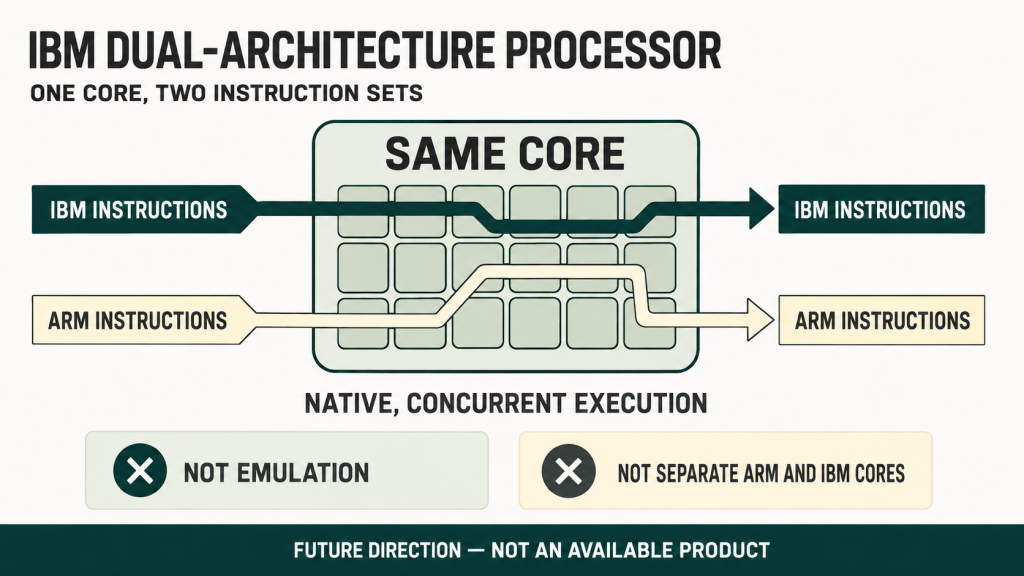 IBM dual-architecture processor explained: the same future IBM Z or LinuxONE core is designed to execute IBM and Arm instructions natively and concurrently, rather than using emulation or separate processors.