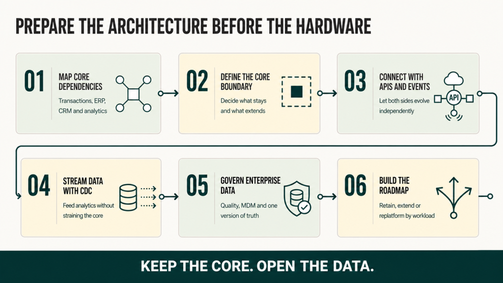 IBM mainframe modernization roadmap: map core dependencies, define system boundaries, connect services with APIs and events, stream data using CDC, govern enterprise data and decide which workloads to retain, extend or replatform.