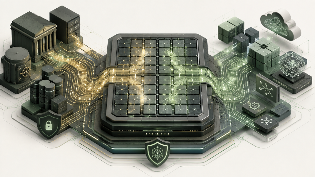 Conceptual dual-architecture processor with Arm and IBM instruction paths sharing one core platform, connecting IBM Z and LinuxONE systems of record to modern services through secure data integrations.