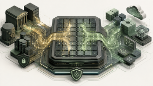 Conceptual dual-architecture processor with Arm and IBM instruction paths sharing one core platform, connecting IBM Z and LinuxONE systems of record to modern services through secure data integrations.