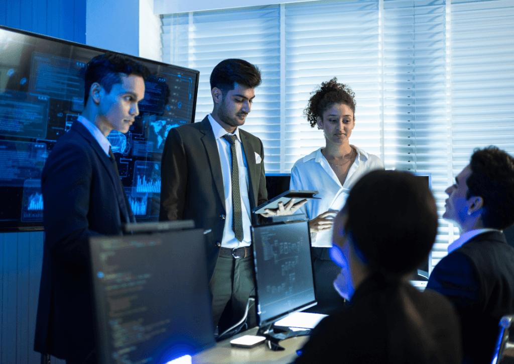 Insurance data and IT team reviewing analytics dashboards and integration code during a data modernization project