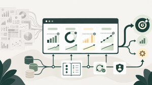 Flat 2D illustration of a focused Power BI KPI dashboard with four headline metrics, governed data sources, agreed definitions, reliable refreshes and a clear path from performance signals to executive decisions.
